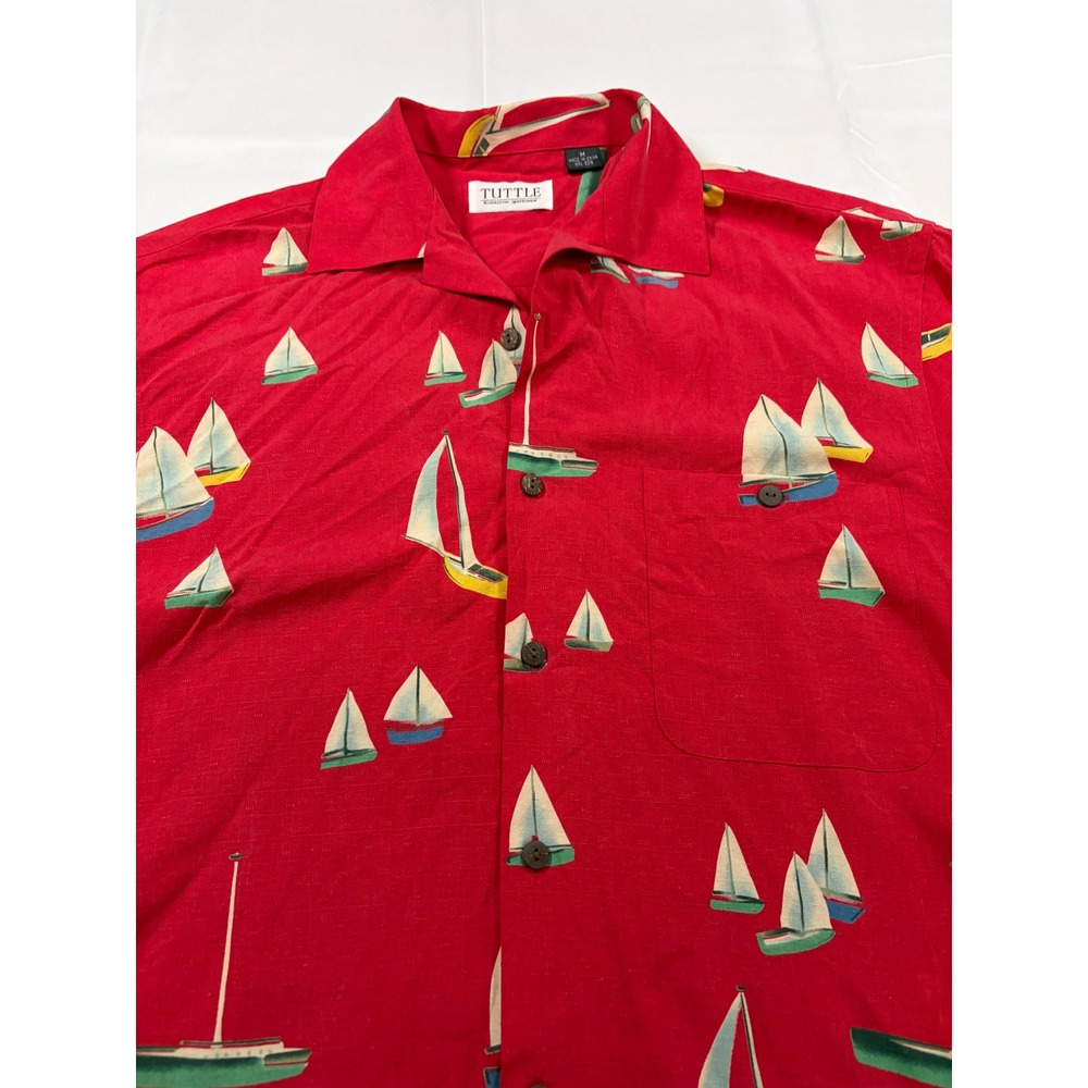 Silk Red Sailboat Print Short Sleeve Button Down Camp Shirt Medium Medium VTG